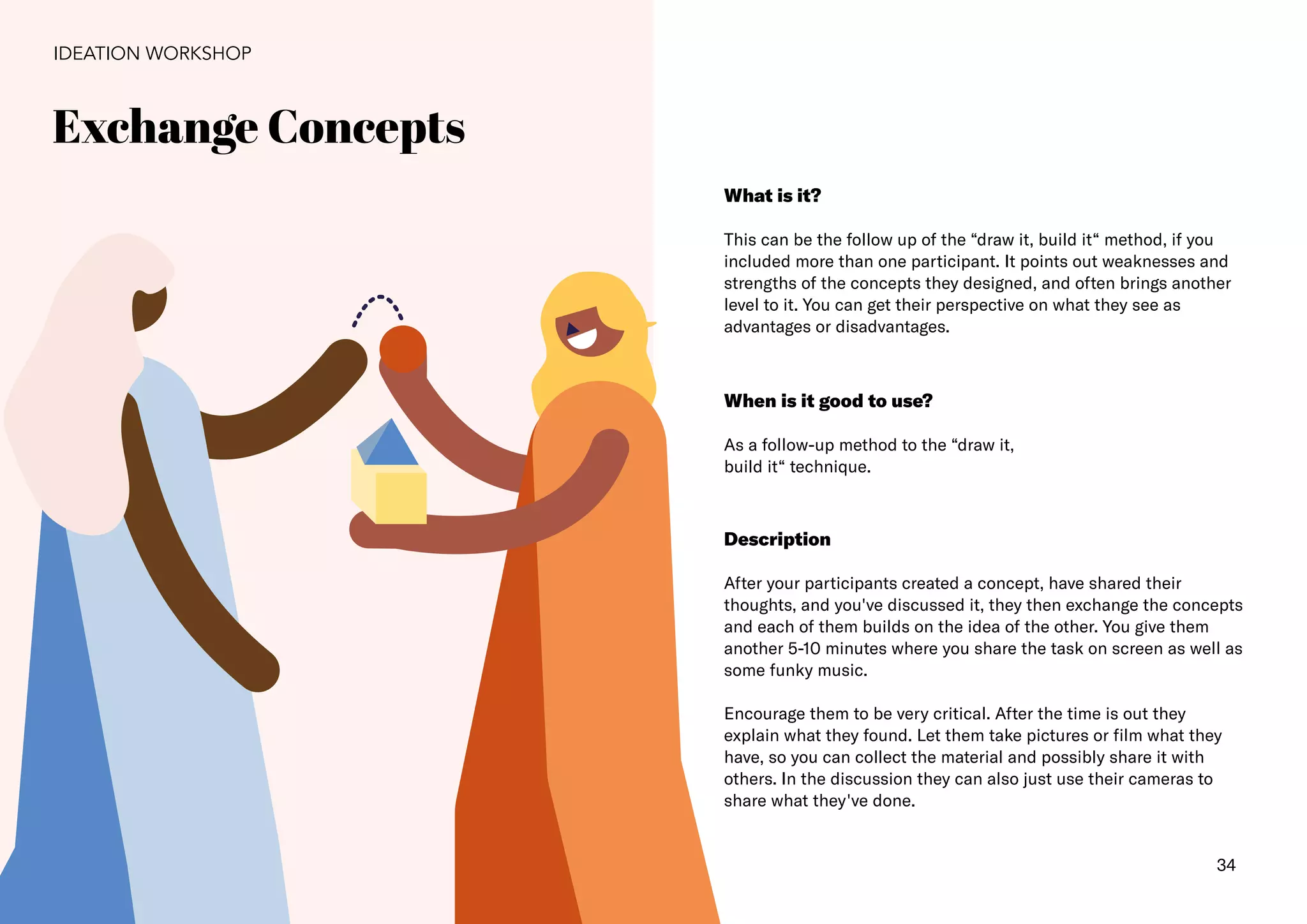 34
Exchange Concepts
IDEATION WORKSHOP
What is it?
This can be the follow up of the “draw it, build it“ method, if you
included more than one participant. It points out weaknesses and
strengths of the concepts they designed, and often brings another
level to it. You can get their perspective on what they see as
advantages or disadvantages.
When is it good to use?
As a follow-up method to the “draw it,
build it“ technique.
Description
After your participants created a concept, have shared their
thoughts, and you've discussed it, they then exchange the concepts
and each of them builds on the idea of the other. You give them
another 5-10 minutes where you share the task on screen as well as
some funky music.
Encourage them to be very critical. After the time is out they
explain what they found. Let them take pictures or film what they
have, so you can collect the material and possibly share it with
others. In the discussion they can also just use their cameras to
share what they've done.
 