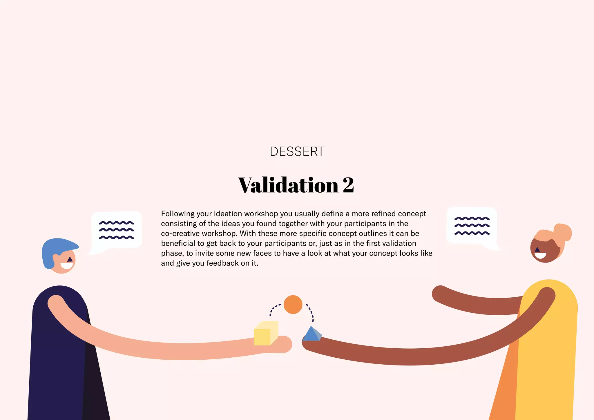 35
Validation 2
Following your ideation workshop you usually define a more refined concept
consisting of the ideas you found together with your participants in the
co-creative workshop. With these more specific concept outlines it can be
beneficial to get back to your participants or, just as in the first validation
phase, to invite some new faces to have a look at what your concept looks like
and give you feedback on it.
DESSERT
 