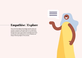 14
Empathise / Explore
This is the first stage of the design process where we
conduct numerous interviews. We aim to understand
people‘s problems and needs. We try to see the world
through their eyes to gain better knowledge about their
environment and interactions so we can develop and
design following stages of the process.
 