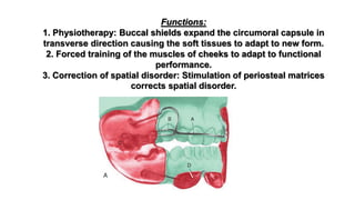 Functions:
1. Physiotherapy: Buccal shields expand the circumoral capsule in
transverse direction causing the soft tissues to adapt to new form.
2. Forced training of the muscles of cheeks to adapt to functional
performance.
3. Correction of spatial disorder: Stimulation of periosteal matrices
corrects spatial disorder.
 