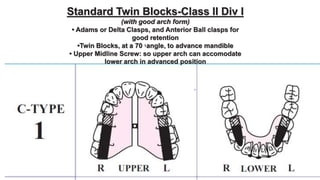 Standard Twin Blocks-Class II Div I
(with good arch form)
• Adams or Delta Clasps, and Anterior Ball clasps for
good retention
•Twin Blocks, at a 70 ‫؛‬angle, to advance mandible
• Upper Midline Screw: so upper arch can accomodate
lower arch in advanced position
 