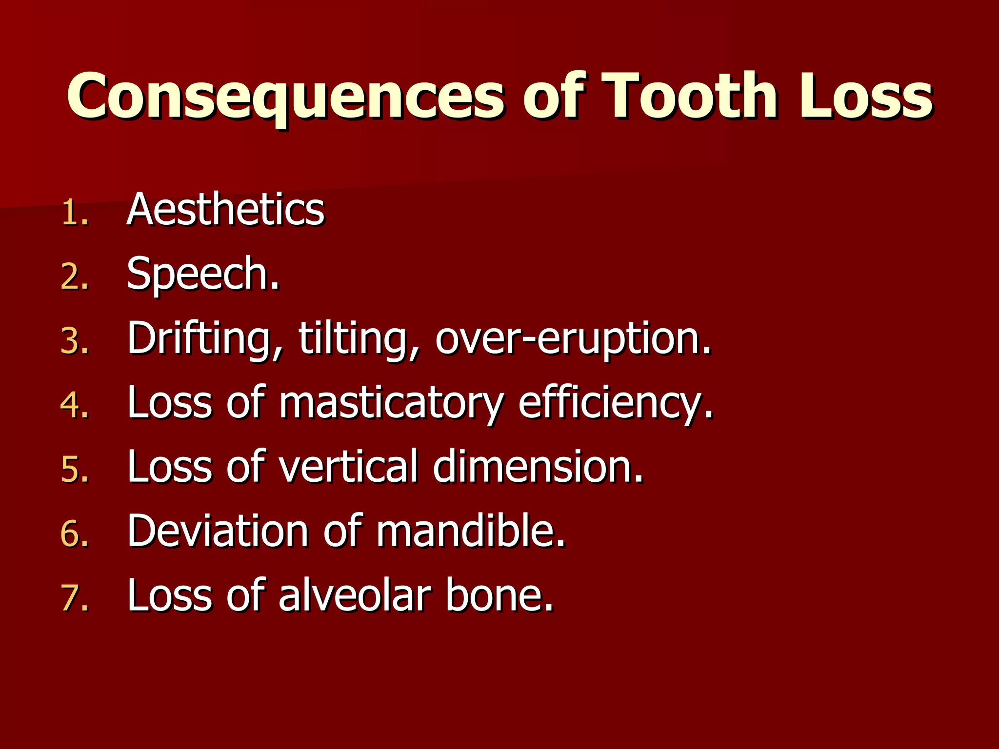 Consequences of Tooth Loss Aesthetics Speech. Drifting, tilting, over-eruption. Loss of masticatory efficiency. Loss of vertical dimension. Deviation of mandible. Loss of alveolar bone. 