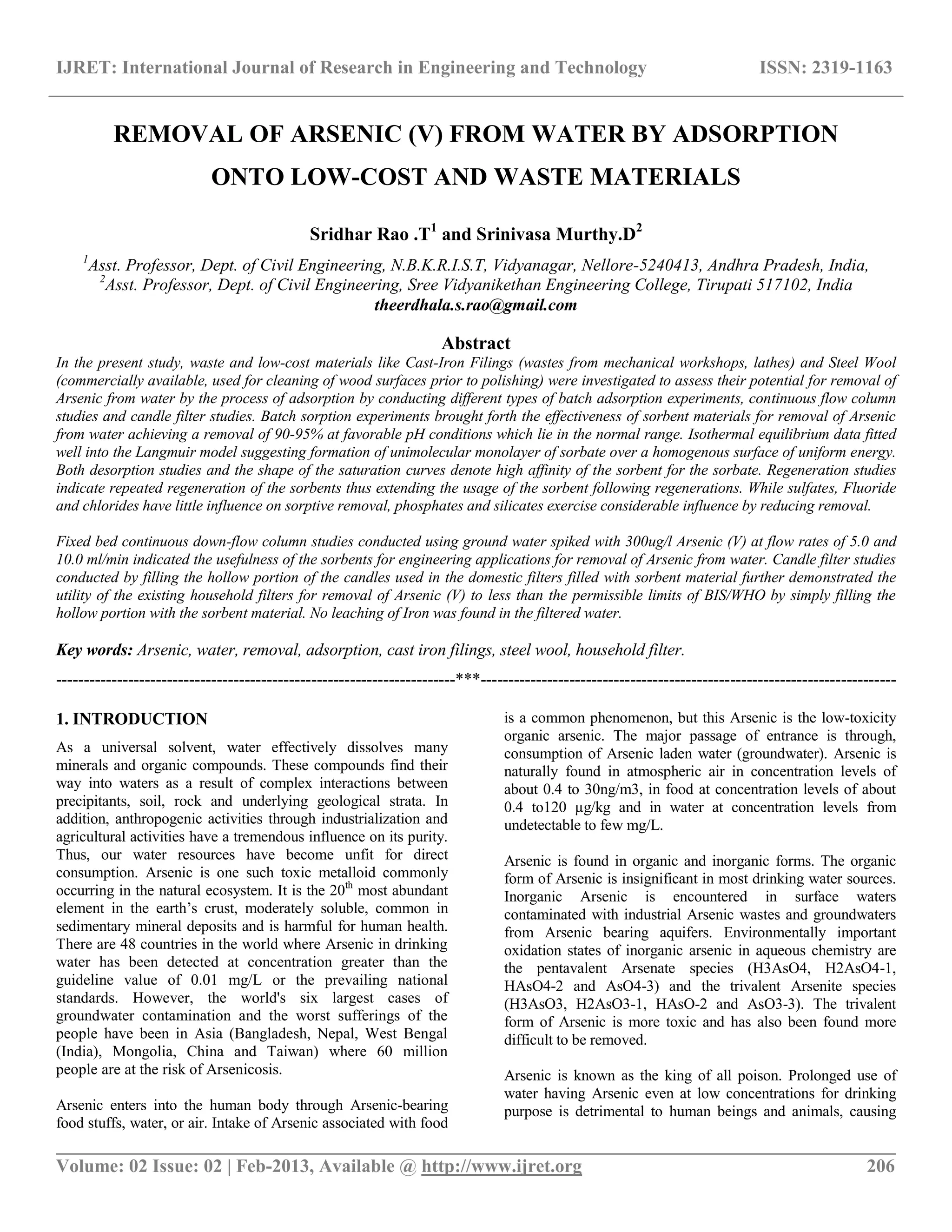 Removal of arsenic (v) from water by adsorption onto low cost and waste ...