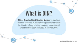 What is DIN?
DIN or Director Identification Number is a unique
number allocated to both existing director or would
be director of any existing company incorporated
under section 266A and 266G of the Act,2006.
MUDS Management Pvt. Ltd.
 