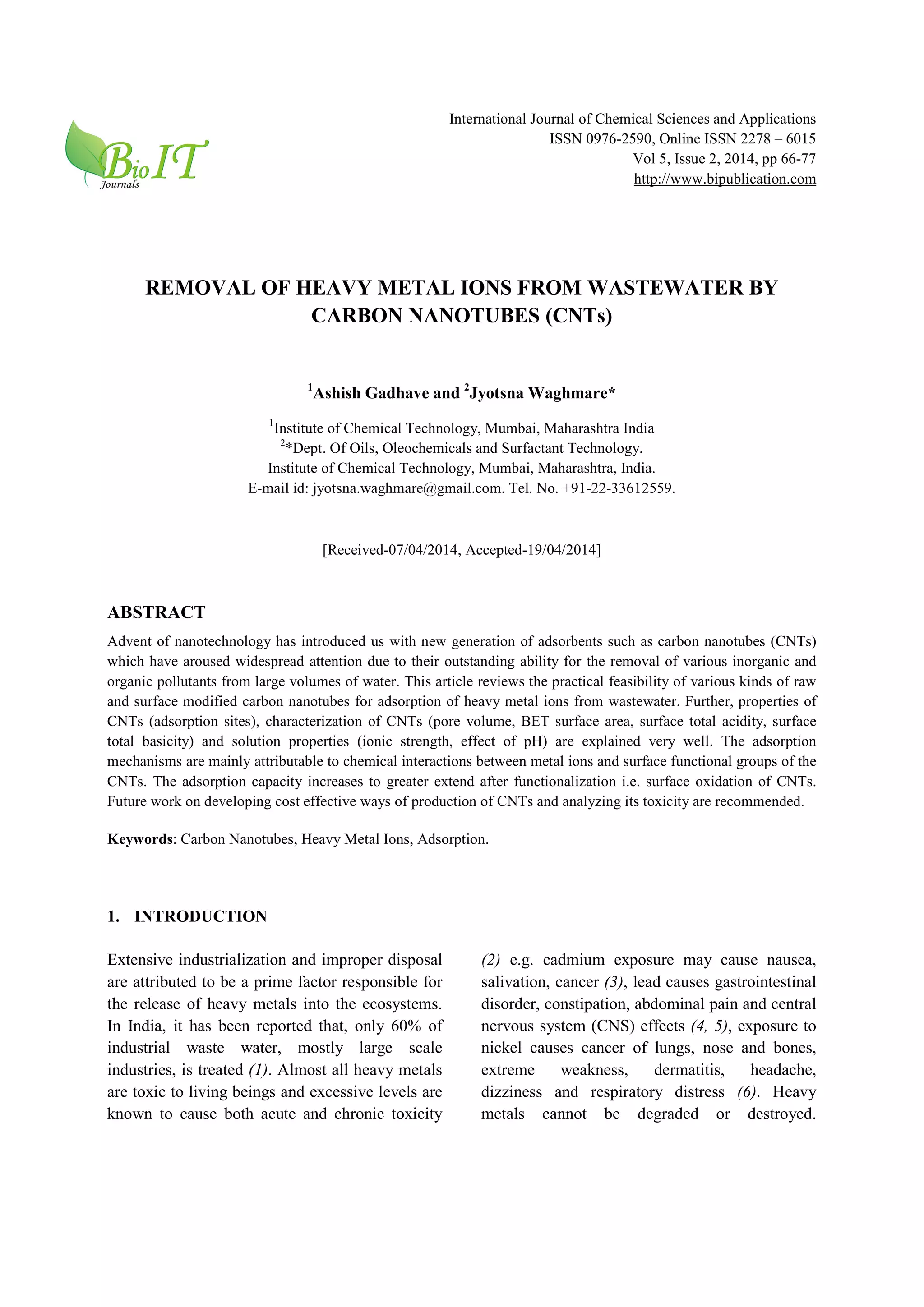 Removal of heavy metals from wastewater by carbon nanotubes | PDF