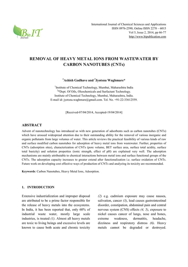 Removal of heavy metals from wastewater by carbon nanotubes | PDF | Science