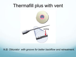Thermafill plus with vent
N.B: Obturator with groove for better backflow and retreatment.
 