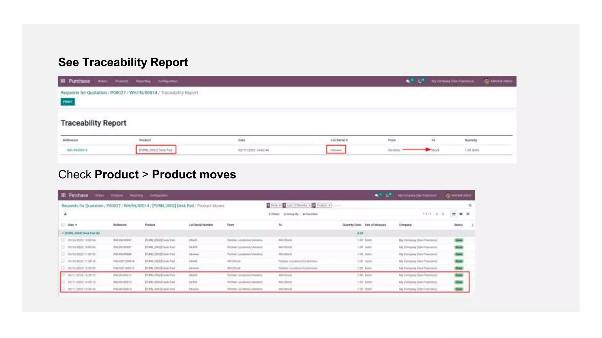 See Traceability Report
Check Product > Product moves
 