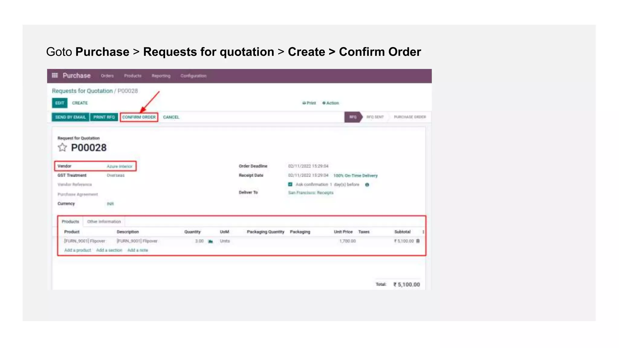 Goto Purchase > Requests for quotation > Create > Confirm Order
 