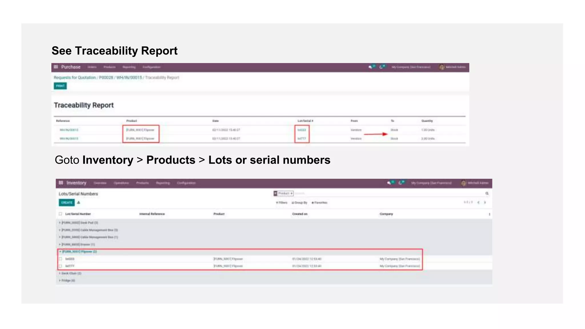 See Traceability Report
Goto Inventory > Products > Lots or serial numbers
 