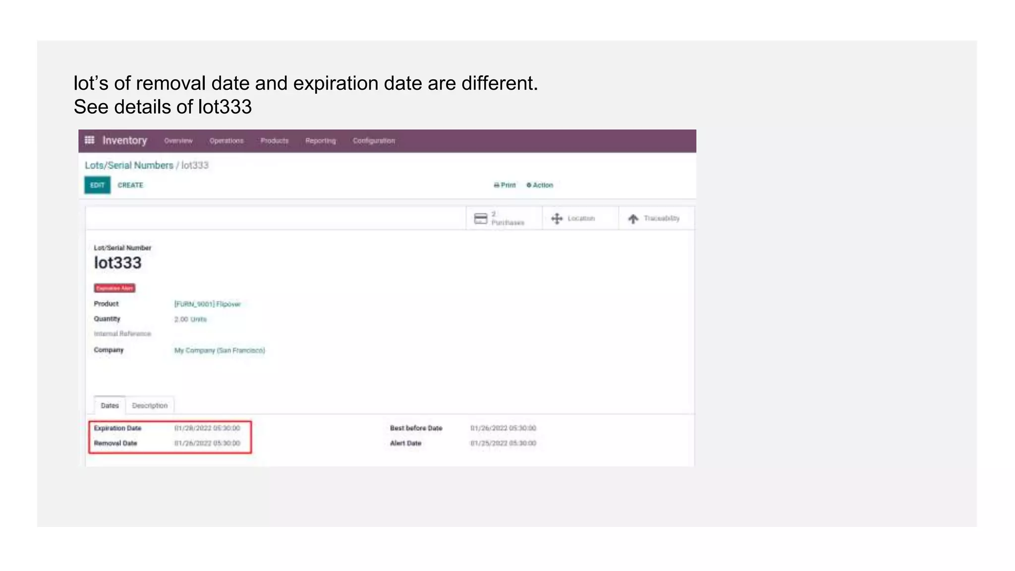 lot’s of removal date and expiration date are different.
See details of lot333
 