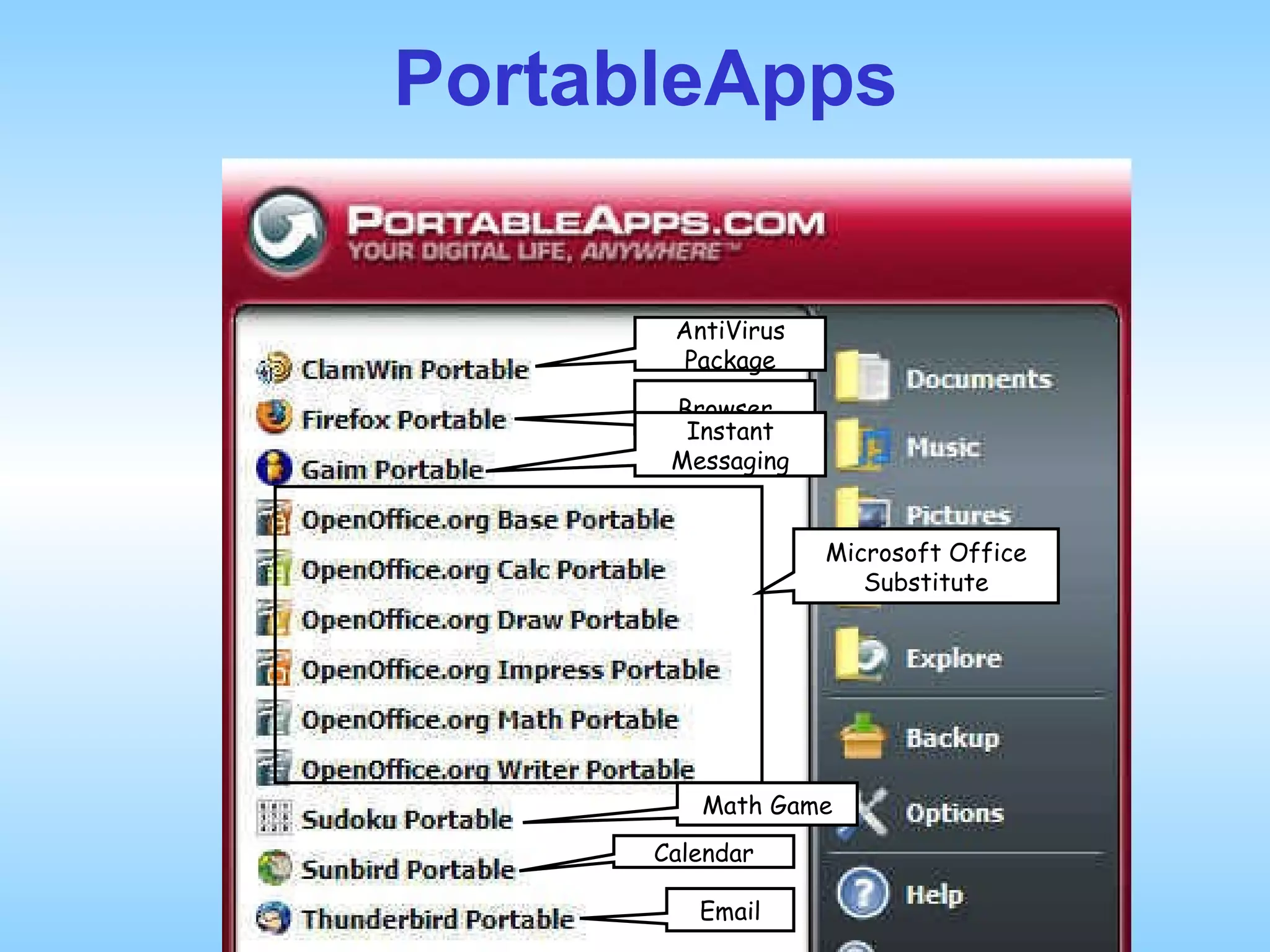 PortableApps AntiVirus Package Browser Instant Messaging Microsoft Office Substitute Math Game Calendar Email 