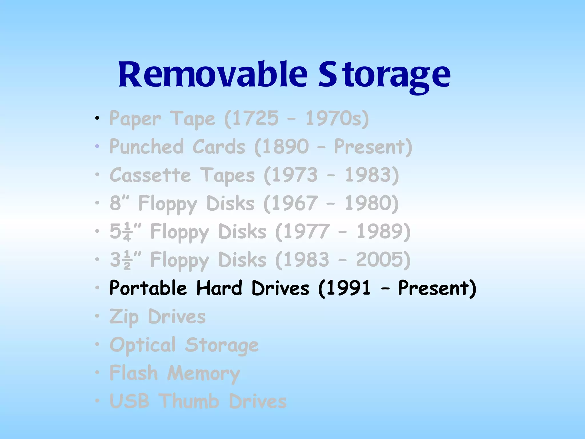 Removable Storage Paper Tape (1725 – 1970s) Punched Cards (1890 – Present) Cassette Tapes (1973 – 1983) 8” Floppy Disks (1967 – 1980) 5¼” Floppy Disks (1977 – 1989) 3½” Floppy Disks (1983 – 2005) Portable Hard Drives (1991 – Present) Zip Drives  Optical Storage  Flash Memory USB Thumb Drives 