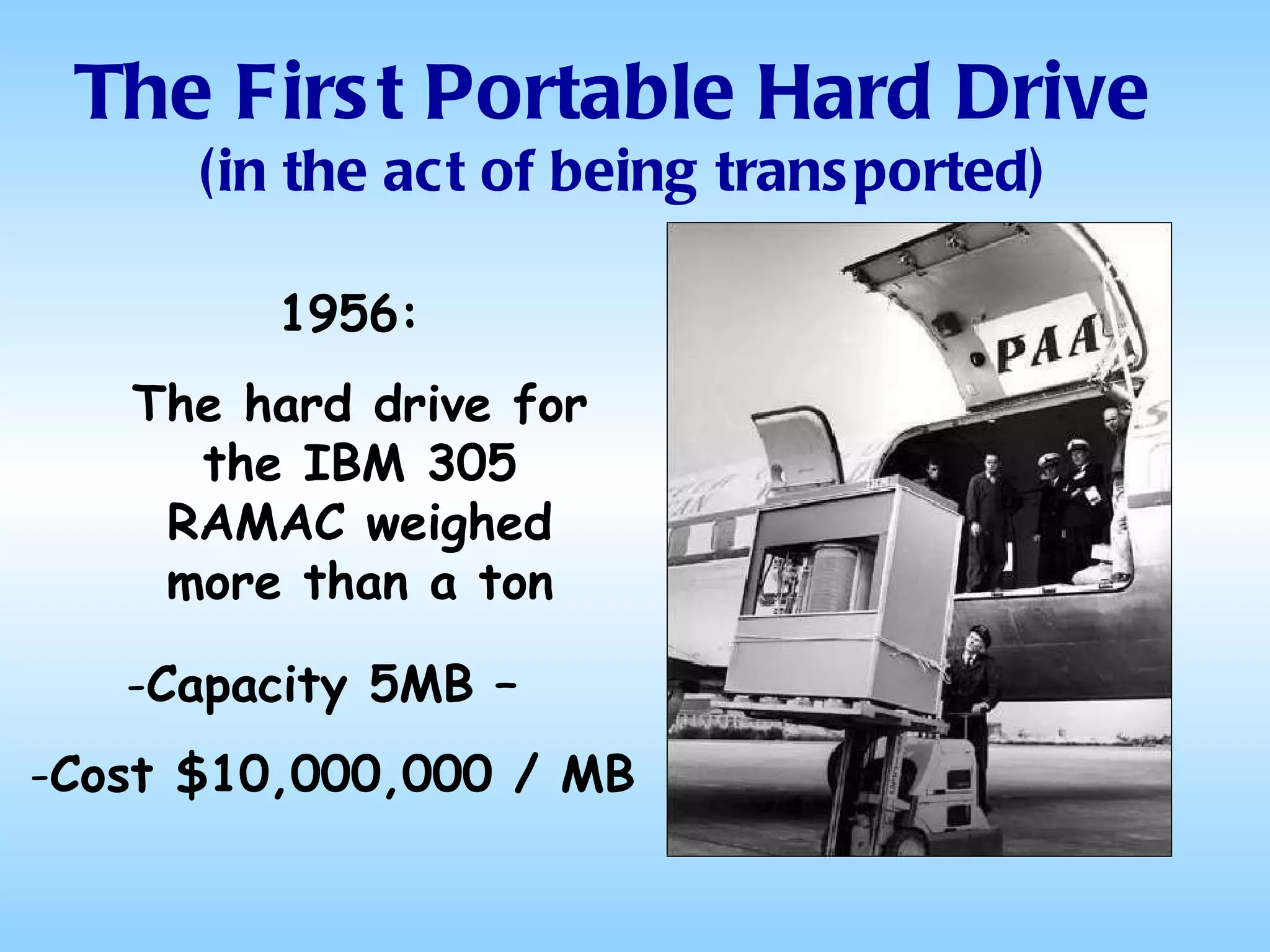The First Portable Hard Drive  (in the act of being transported) 1956:  The hard drive for the IBM 305 RAMAC weighed more than a ton Capacity 5MB –  Cost $10,000,000 / MB 
