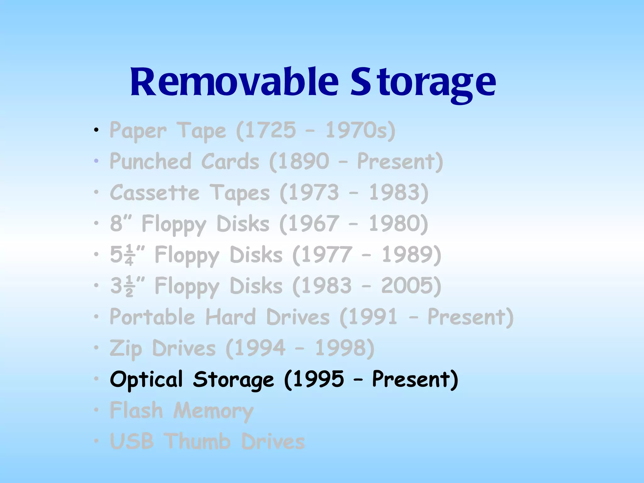 Removable Storage Paper Tape (1725 – 1970s) Punched Cards (1890 – Present) Cassette Tapes (1973 – 1983) 8” Floppy Disks (1967 – 1980) 5¼” Floppy Disks (1977 – 1989) 3½” Floppy Disks (1983 – 2005) Portable Hard Drives (1991 – Present) Zip Drives (1994 – 1998) Optical Storage (1995 – Present)   Flash Memory USB Thumb Drives 