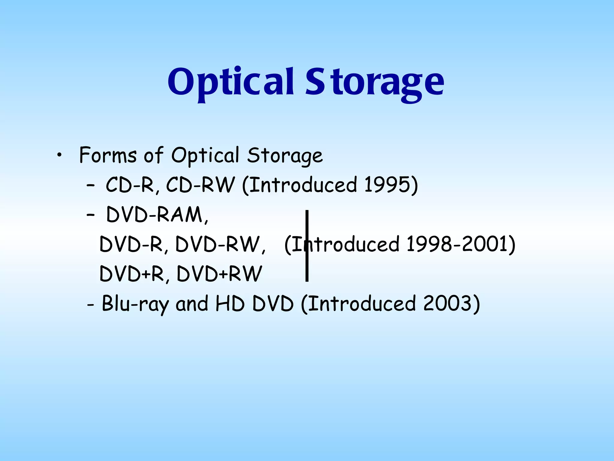 Optical Storage Forms of Optical Storage CD-R, CD-RW (Introduced 1995) DVD-RAM,  DVD-R, DVD-RW,  (Introduced 1998-2001) DVD+R, DVD+RW - Blu-ray and HD DVD (Introduced 2003) 