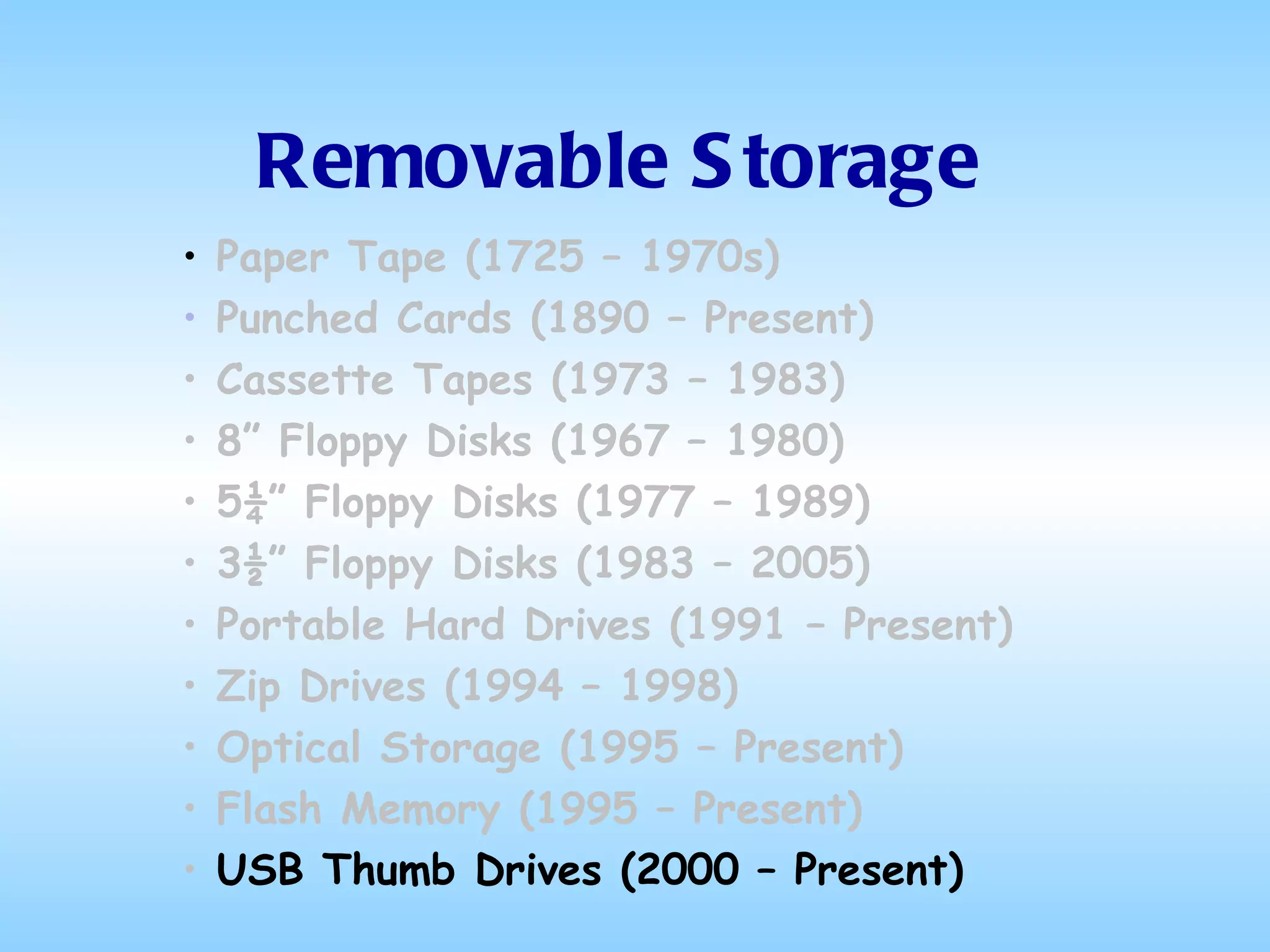Removable Storage Paper Tape (1725 – 1970s) Punched Cards (1890 – Present) Cassette Tapes (1973 – 1983) 8” Floppy Disks (1967 – 1980) 5¼” Floppy Disks (1977 – 1989) 3½” Floppy Disks (1983 – 2005) Portable Hard Drives (1991 – Present) Zip Drives (1994 – 1998) Optical Storage (1995 – Present)  Flash Memory (1995 – Present) USB Thumb Drives (2000 – Present) 
