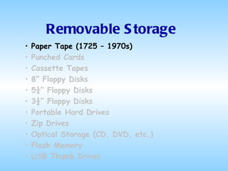 Removable Storage Paper Tape (1725 – 1970s) Punched Cards Cassette Tapes 8” Floppy Disks 5¼” Floppy Disks 3½” Floppy Disks Portable Hard Drives Zip Drives Optical Storage (CD, DVD, etc.) Flash Memory USB Thumb Drives 