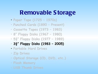 Removable Storage Paper Tape (1725 – 1970s) Punched Cards (1890 – Present) Cassette Tapes (1973 – 1983) 8” Floppy Disks (1967 – 1980) 5¼” Floppy Disks (1977 – 1989) 3½” Floppy Disks (1983 – 2005) Portable Hard Drives Zip Drives Optical Storage (CD, DVD, etc.) Flash Memory USB Thumb Drives 