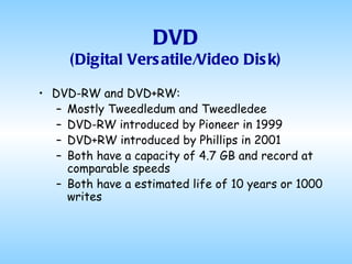 DVD (Digital Versatile/Video Disk) DVD-RW and DVD+RW: Mostly Tweedledum and Tweedledee DVD-RW introduced by Pioneer in 1999 DVD+RW introduced by Phillips in 2001 Both have a capacity of 4.7 GB and record at comparable speeds Both have a estimated life of 10 years or 1000 writes 