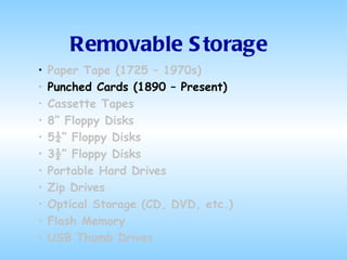 Removable Storage Paper Tape (1725 – 1970s) Punched Cards (1890 – Present) Cassette Tapes 8” Floppy Disks 5¼” Floppy Disks 3½” Floppy Disks Portable Hard Drives Zip Drives Optical Storage (CD, DVD, etc.) Flash Memory USB Thumb Drives 