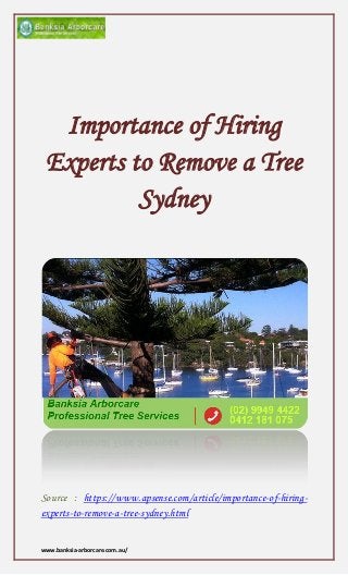 www.banksia-arborcare.com.au/
Importance of Hiring
Experts to Remove a Tree
Sydney
Source : https://www.apsense.com/article/importance-of-hiring-
experts-to-remove-a-tree-sydney.html
 
