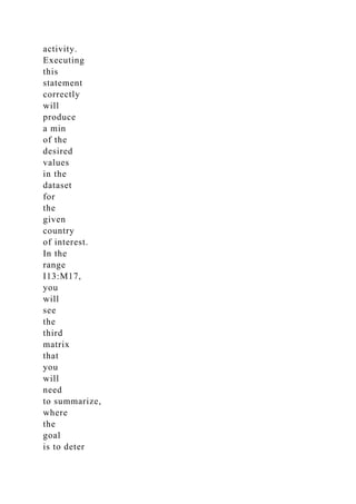 activity.
Executing
this
statement
correctly
will
produce
a min
of the
desired
values
in the
dataset
for
the
given
country
of interest.
In the
range
I13:M17,
you
will
see
the
third
matrix
that
you
will
need
to summarize,
where
the
goal
is to deter
 