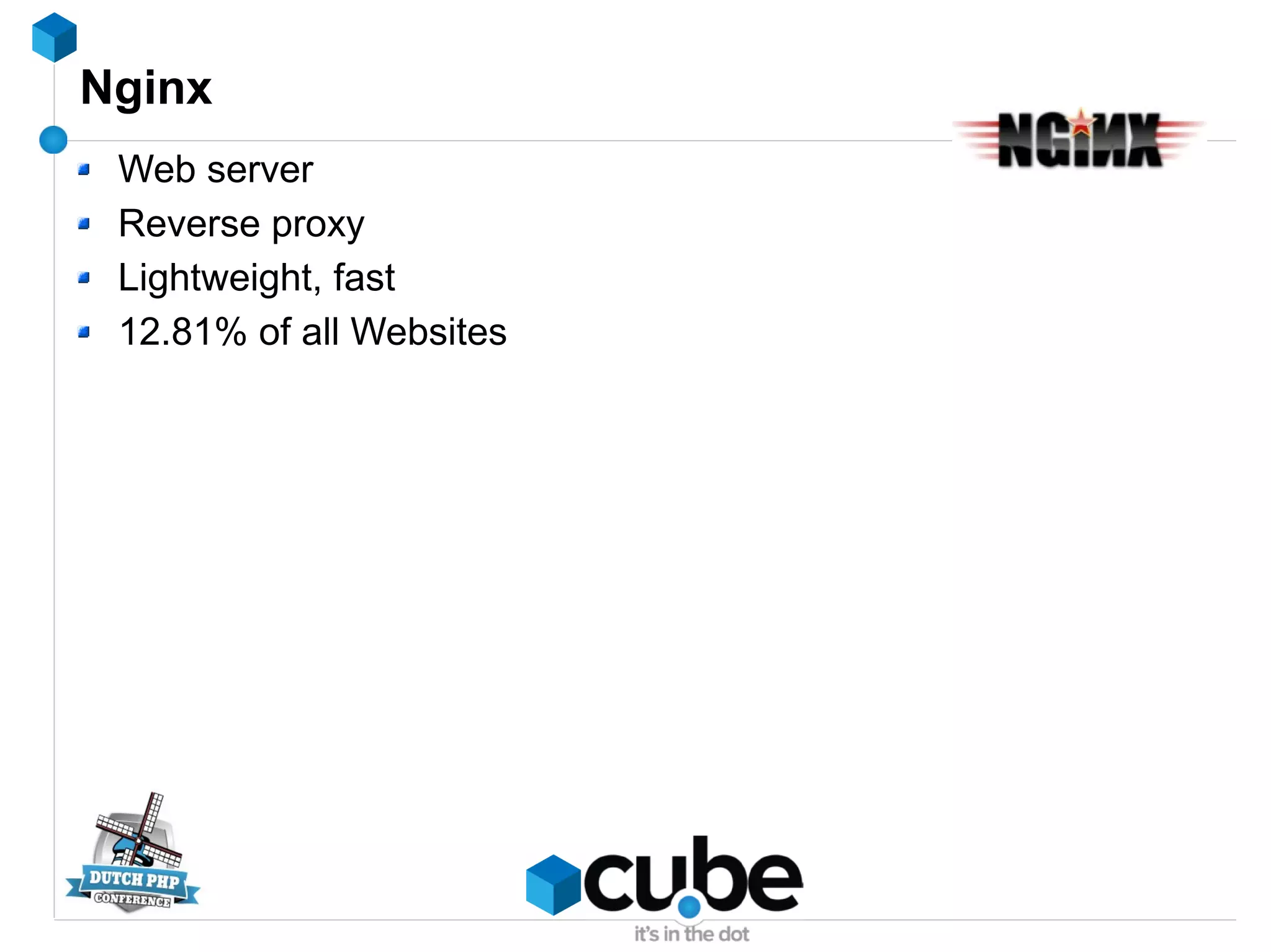 Nginx
Web server
Reverse proxy
Lightweight, fast
12.81% of all Websites
 