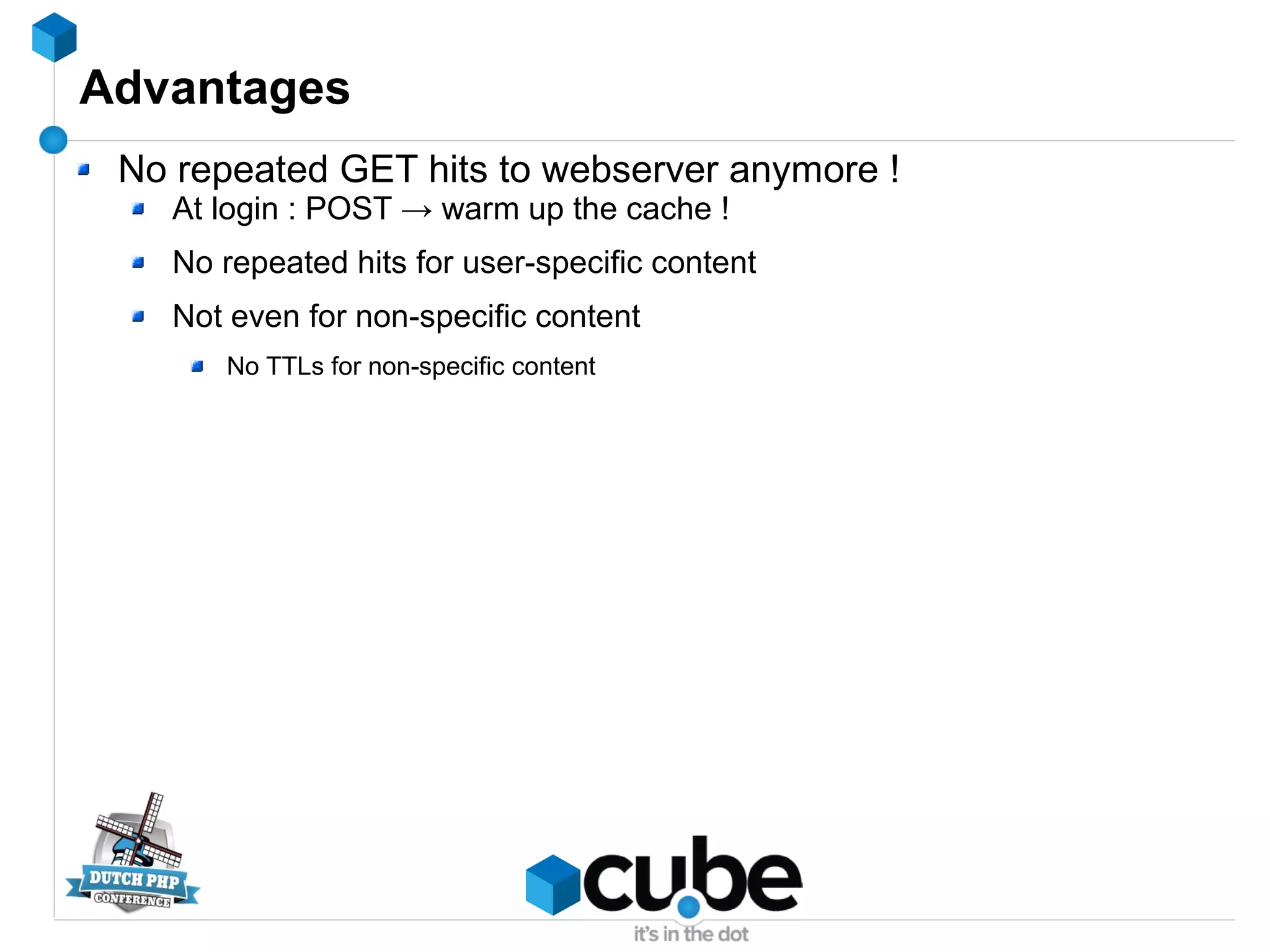 Advantages
No repeated GET hits to webserver anymore !
At login : POST → warm up the cache !
No repeated hits for user-specific content
Not even for non-specific content
No TTLs for non-specific content
 