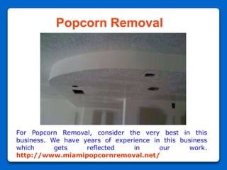 Popcorn Removal
For Popcorn Removal, consider the very best in this
business. We have years of experience in this business
which gets reflected in our work.
http://www.miamipopcornremoval.net/
 