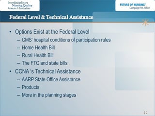 • Options Exist at the Federal Level
   –   CMS‟ hospital conditions of participation rules
   –   Home Health Bill
   –   Rural Health Bill
   –   The FTC and state bills
• CCNA „s Technical Assistance
   – AARP State Office Assistance
   – Products
   – More in the planning stages


                                                         12
 