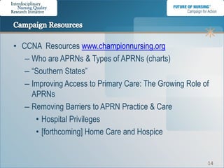 • CCNA Resources www.championnursing.org
   – Who are APRNs & Types of APRNs (charts)
   – “Southern States”
   – Improving Access to Primary Care: The Growing Role of
     APRNs
   – Removing Barriers to APRN Practice & Care
      • Hospital Privileges
      • [forthcoming] Home Care and Hospice


                                                         14
 