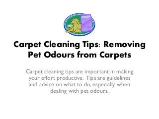 Carpet Cleaning Tips: Removing
Pet Odours from Carpets
Carpet cleaning tips are important in making
your effort productive. Tips are guidelines
and advice on what to do, especially when
dealing with pet odours.

 