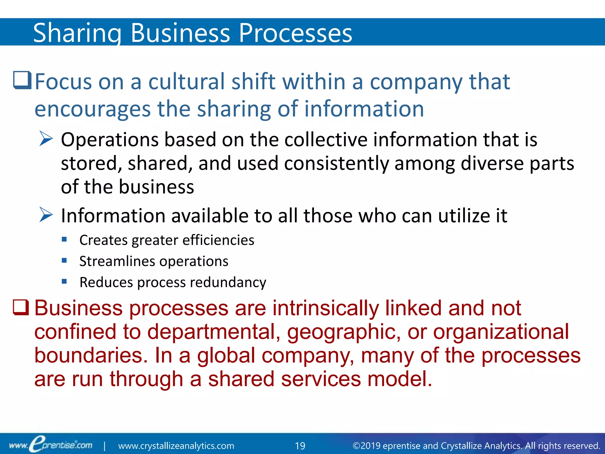 19 ©2019 eprentise and Crystallize Analytics. All rights reserved.| www.crystallizeanalytics.com
Focus on a cultural shift within a company that
encourages the sharing of information
 Operations based on the collective information that is
stored, shared, and used consistently among diverse parts
of the business
 Information available to all those who can utilize it
 Creates greater efficiencies
 Streamlines operations
 Reduces process redundancy
 Business processes are intrinsically linked and not
confined to departmental, geographic, or organizational
boundaries. In a global company, many of the processes
are run through a shared services model.
Sharing Business Processes
 