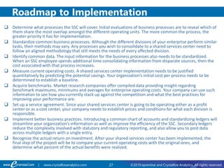 27 ©2019 eprentise and Crystallize Analytics. All rights reserved.| www.crystallizeanalytics.com
 Determine what processes the SSC will cover. Initial evaluations of business processes are to reveal which of
them share the most overlap amongst the different operating units. The more common the process, the
greater priority it has for implementation.
 Standardize common business processes. Although the different divisions of your enterprise perform similar
tasks, their methods may vary. Any processes you wish to consolidate to a shared services center need to
follow an aligned methodology that still meets the needs of every affected division.
 Identify common data. The input information for the business processes also needs to be standardized.
When an SSC employee spends additional time consolidating information from disparate sources, then the
cost associated with that process increases.
 Measure current operating costs. A shared services center implementation needs to be justified
quantitatively by predicting the potential savings. Your organization’s initial cost per process needs to be
determined to establish a baseline.
 Acquire benchmarks. Market research companies offer compiled data providing insight regarding
benchmark maximums, minimums and averages for enterprise operating costs. Your company can use such
information to see how you currently stack up against the competition and what the best practices for
improving your performance are.
 Set up a service agreement. Since your shared services center is going to be operating either as a profit
center or as a cost center, your company needs to establish prices and conditions for what each division is
responsible.
 Implement better business practices. Introducing a common chart of accounts and standardizing ledgers will
streamline your organization’s information as well as improve the efficiency of the SSC. Secondary ledgers
reduce the complexity involved with statutory and regulatory reporting, and also allow you to post data
across multiple ledgers with a single entry.
 Recognize the actual return on investment. After your shared services center has been implemented, the
final step of the project will be to compare your current operating costs with the original ones, and
determine what percent of the actual benefits were realized.
Roadmap to Implementation
 
