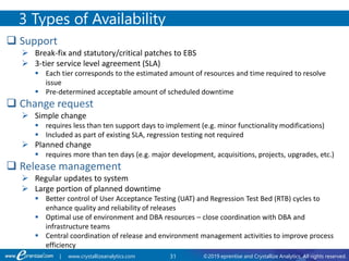 31 ©2019 eprentise and Crystallize Analytics. All rights reserved.| www.crystallizeanalytics.com
 Support
 Break-fix and statutory/critical patches to EBS
 3-tier service level agreement (SLA)
 Each tier corresponds to the estimated amount of resources and time required to resolve
issue
 Pre-determined acceptable amount of scheduled downtime
 Change request
 Simple change
 requires less than ten support days to implement (e.g. minor functionality modifications)
 Included as part of existing SLA, regression testing not required
 Planned change
 requires more than ten days (e.g. major development, acquisitions, projects, upgrades, etc.)
 Release management
 Regular updates to system
 Large portion of planned downtime
 Better control of User Acceptance Testing (UAT) and Regression Test Bed (RTB) cycles to
enhance quality and reliability of releases
 Optimal use of environment and DBA resources – close coordination with DBA and
infrastructure teams
 Central coordination of release and environment management activities to improve process
efficiency
3 Types of Availability
 