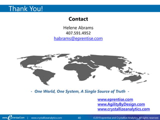 40 ©2019 eprentise and Crystallize Analytics. All rights reserved.| www.crystallizeanalytics.com
Thank You!
Contact
- One World, One System, A Single Source of Truth -
Helene Abrams
407.591.4952
habrams@eprentise.com
www.eprentise.com
www.AgilityByDesign.com
www.crystallizeanalytics.com
 