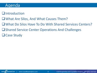 4 ©2019 eprentise and Crystallize Analytics. All rights reserved.| www.crystallizeanalytics.com
Introduction
What Are Silos, And What Causes Them?
What Do Silos Have To Do With Shared Services Centers?
Shared Service Center Operations And Challenges
Case Study
Agenda
 