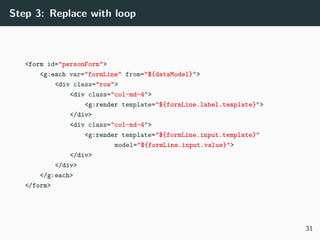 Step 3: Replace with loop
<form id="personForm">
<g:each var="formLine" from="${dataModel}">
<div class="row">
<div class="col-md-4">
<g:render template="${formLine.label.template}">
</div>
<div class="col-md-4">
<g:render template="${formLine.input.template}"
model="${formLine.input.value}">
</div>
</div>
</g:each>
</form>
31
 