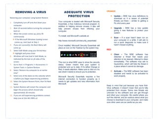 REMOVING A VIRUS                                      ADEQUATE VIRUS                                  ORANGE:

                                                              PROTECTION                                         Update – MSE has virus definitions to
Restoring your computer using System Restore                                                                      download so it is aware of potential
                                                     Your computer is loaded with Microsoft Security              threats out there – similar to getting a
1.  Completely turn off and shut down your                                                                        Flu shot every year
                                                     Essentials, a free malicious removal program. In
    computer.                                        addition to helping remove viruses, it also will
2. Wait 10 seconds before turning the computer       help prevent viruses from infecting your                    Upgrade – MSE has a new update
    back on                                          computer.                                                    giving it new features to protect your
3. When the screen comes up, press F8                                                                             system
    continuously                                     To install, visit Microsoft’s website at:
                                                                                                                 Scan – If a scan hasn’t been run on
    If the Microsoft Windows loading screen                                                                      your computer in a while, it will ask to
                                                     http://www.microsoft.com/security_essentials/
      comes up, start back at Step 1                                                                              run a quick diagnostic to make sure it
4. If you are successful, the Boot Menu will         Once installed, Microsoft Security Essentials will           hadn’t missed anything.
    come up                                          place an icon on the Taskbar by the system tray.
                                                                                                            RED:
5. Select Safe Mode using your Arrow Keys
    Highlight and press Enter                                                                                   Clean – The MSE software has
6. Windows will now load in Safe Mode, as                                                                         detected a threat that needs your
    indicated by the text on all sides of the                                                                     attention to be cleaned. Attempt to clean
    screen.                                          This icon is what MSE uses to show the security              immediately. The software may ask to
7. Go to Start >> Programs >> Accessories >>         status. Green means that your system is                      Quarantine, which will hide the threat in
                                                     protected and up to date. If it’s either Orange or           a place where it cannot do damage.
    System Tools >> System Restore
8. Select ‘Restore my computer to an earlier         Red, it needs attention. Make sure to click on it to
                                                     see what it needs to ensure you’re protected.               Activate – The MSE software has been
    time”                                                                                                         disabled and needs to be activated to
9. Select one of the dates on the calendar which     Microsoft Security Essentials requires a live                work properly
    is before you began experiencing problems        internet connection to function properly as it
10. Select the System Restore Point, then hit Next   needs to get updates and new information from
    twice                                            Microsoft.
                                                                                                            Keep in mind that just because you have Anti-
11. System Restore will restart the computer and                                                            Virus software, it doesn’t mean that you’re fully
    begin the process which should take                                                                     protected from viruses. Some new threats are
    approximately 30 minutes.                                                                               unknown to the software and can get through
12. If you are still experiencing problems contact                                                          and infect your computer. Be careful where you
    Help Line at 216-361-9991 x3                                                                            surf the internet, and be cautious about what you
                                                                                                            choose to download to your computer, and make
                                                                                                            sure other users are as careful as you are.
 