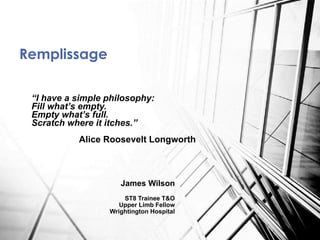 “I have a simple philosophy:
Fill what’s empty.
Empty what’s full.
Scratch where it itches.”
Alice Roosevelt Longworth
Remplissage
James Wilson
ST8 Trainee T&O
Upper Limb Fellow
Wrightington Hospital
 