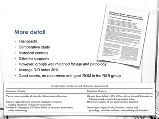 • Franceschi
• Comparative study
• Historical controls
• Different surgeons
• However, groups well matched for age and pathology
• Average D/R index 30%
• Good scores, no recurrence and good ROM in the R&B group
More detail
 