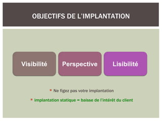 OBJECTIFS DE L’IMPLANTATION




Visibilité          Perspective                Lisibilité



              Ne figez pas votre implantation

    implantation statique = baisse de l’intérêt du client
 