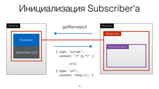 44
RuntimeRuntime
Rempl host
getRemoteUI
Rempl sandbox
{ type: 'script',
content: '/* js */' }
{ type: 'url',
content: 'http://…' }
или
Publisher
Subscriber (UI)
Инициализация Subscriber'а
 