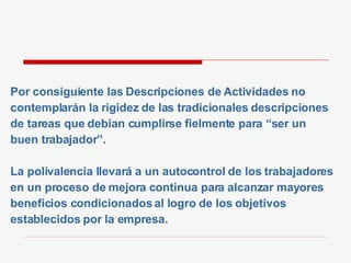 Por consiguiente las Descripciones de Actividades no contemplarán la rigidez de las tradicionales descripciones de tareas que debían cumplirse fielmente para “ser un buen trabajador”. La polivalencia llevará a un autocontrol de los trabajadores en un proceso de mejora continua para alcanzar mayores beneficios condicionados al logro de los objetivos establecidos por la empresa.  