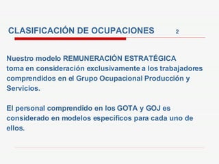 CLASIFICACIÓN DE OCUPACIONES  2 Nuestro modelo REMUNERACIÓN ESTRATÉGICA toma en consideración exclusivamente a los trabajadores comprendidos en el Grupo Ocupacional Producción y Servicios. El personal comprendido en los GOTA y GOJ es considerado en modelos específicos para cada uno de ellos.  