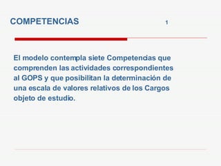 COMPETENCIAS  1   El modelo contempla siete Competencias que comprenden las actividades correspondientes al GOPS y que posibilitan la determinación de una escala de valores relativos de los Cargos objeto de estudio. 