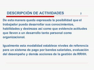 DESCRIPCIÓN DE ACTIVIDADES  2 De esta manera queda expresada la posibilidad que el trabajador pueda desarrollar sus conocimientos, habilidades y destrezas así como que evidencie actitudes que lleven a un desarrollo tanto personal como organizacional. Igualmente esta modalidad establece niveles de referencia para un sistema de pago por bandas salariales, evaluación del desempeño y demás acciones de la gestión de RRHH. 