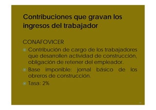 Contribuciones que gravan los
ingresos del trabajador
CONAFOVICER
Contribución de cargo de los trabajadores
que desarrollen actividad de construcción,
obligación de retener del empleador.
Base imponible: jornal básico de los
obreros de construcción.
Tasa: 2%
54
 