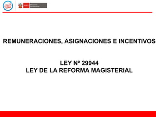 REMUNERACIONES, ASIGNACIONES E INCENTIVOS
LEY Nº 29944
LEY DE LA REFORMA MAGISTERIAL
 